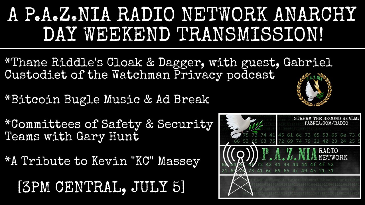 [P.A.Z.NIA RADIO NETWORK, ANARCHY DAY TRANSMISSION] Cloak & Dagger w/ Guest Gabriel Custodiet & More