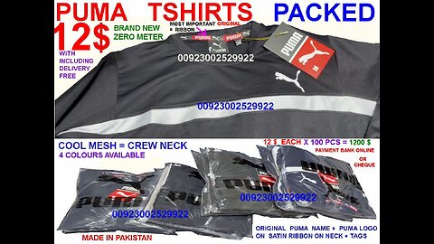 Puma horizontal strip tshirts original ribbon in neck packed packets 12$ with delivery USA UK EUROPE
