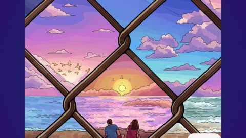 Artistic Sunset View Seen Through a Fence with Ocean and Couple