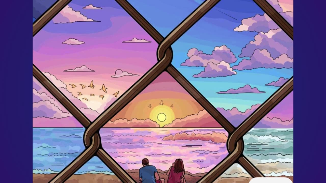 Artistic Sunset View Seen Through a Fence with Ocean and Couple