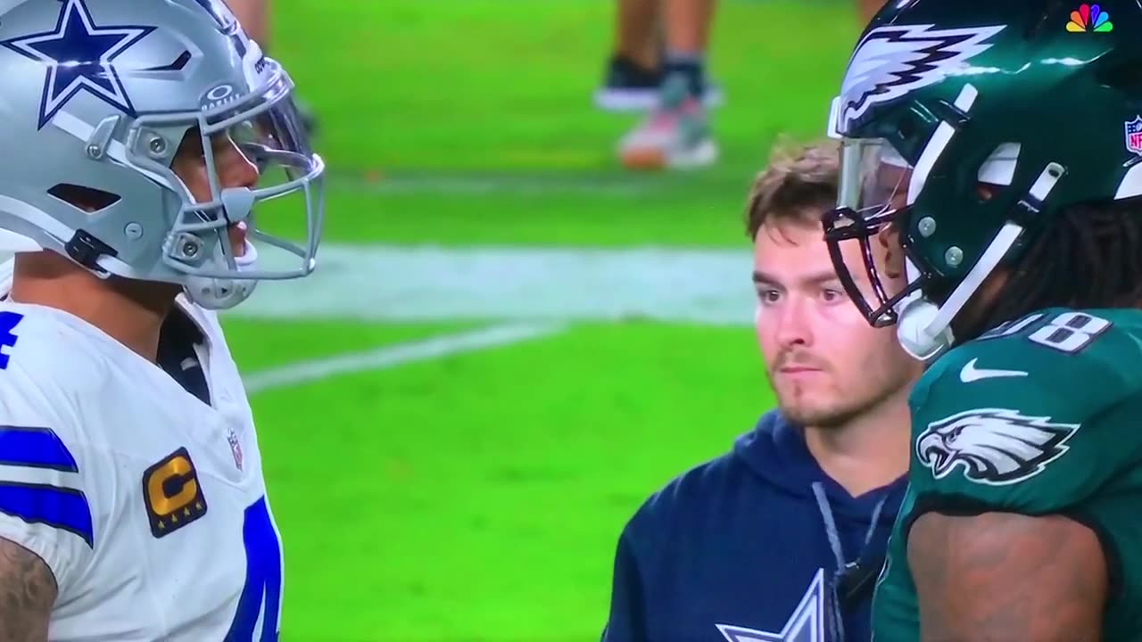 Eagles DL #98 Jalen Carter spits onCowboys QB Dak Prescott