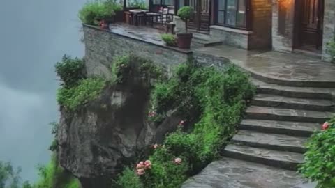 Cliffside Haven, resort, Misty Valley with Stone Path.