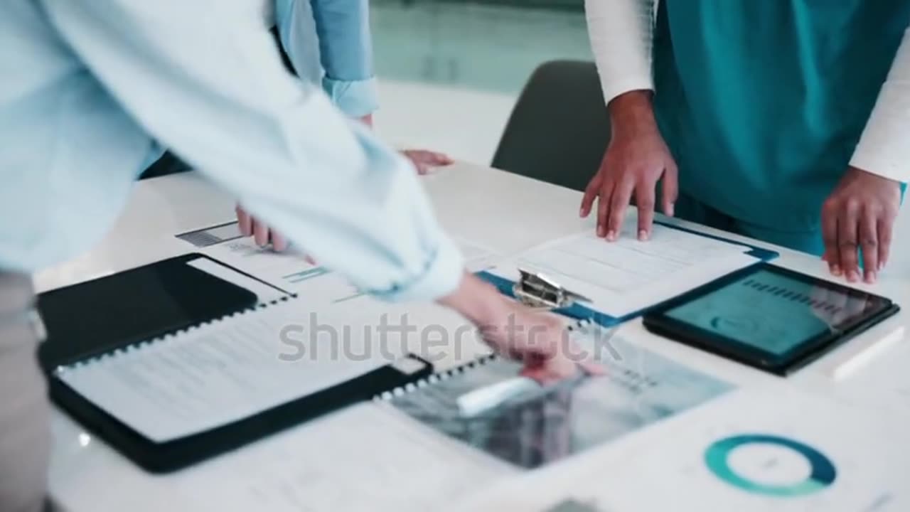 Tablet, hands and hospital director meeting.