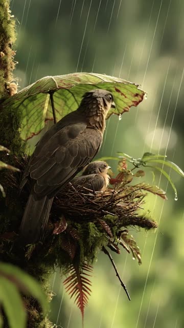 a male bird protecting the nest by holding in his beak a large leaf like an umbrella