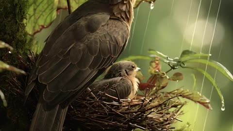 a male bird protecting the nest by holding in his beak a large leaf like an umbrella
