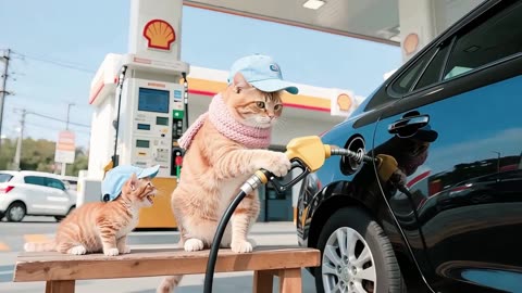 Dressed in his adorable work cap, the Tiger-Hat Kitten helps refuel cars at the station