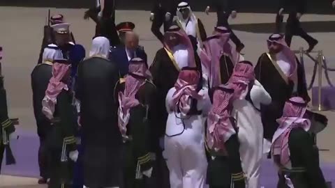 Saudi Crown Prince Mohammed bin Salman greets President Trump upon landing in Saudi Arabia