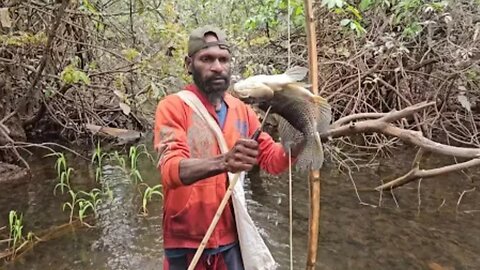 Fishing for gourami at a crocodile nest location