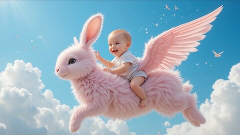 Magical Ride: Baby Soars on a Flying Pink Bunny! 🐰✨🌈