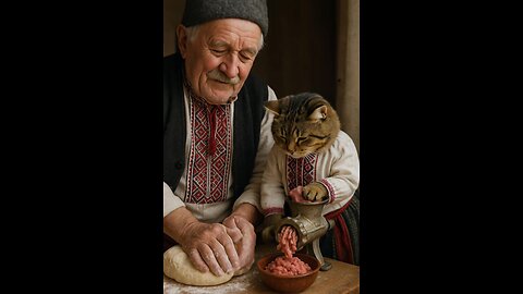 Grandpa and cat cook Ukrainian dumplings together 🍲🐱