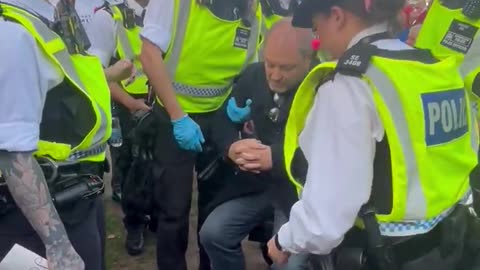 Five police officers arrest an RAF veteran in a wheelchair for holding a piece of paper