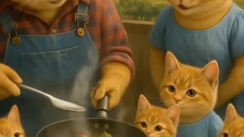 Father cat with lots of kids cooks lunch 🐱🍳 Funny cat cooking show. - 2K