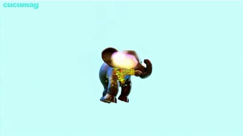 A tiny elephant inhales deeply, puffs up like a balloon, and floats into the sky