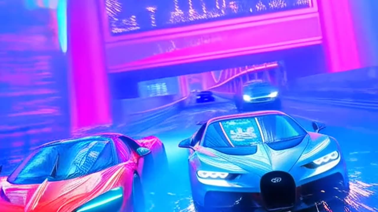 “Skyline Duel: McLaren vs Bugatti in Neon City”