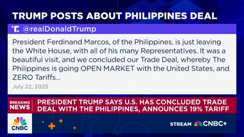 Trump says U.S. has concluded trade deal with the Philippines, announces 19% tariff