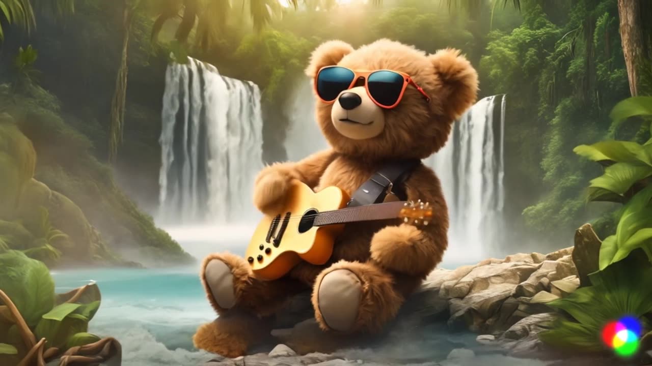 Bear playing guitar near a waterfall