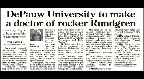 March 22, 2017 - Indianapolis Star Notes Todd Rundgren's Honorary Degree from DePauw