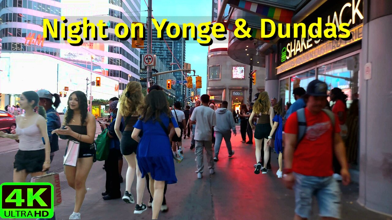 【4K】Downtown Toronto at Night: Yonge & Dundas HUSTLE (30°C) Canada 🇨🇦