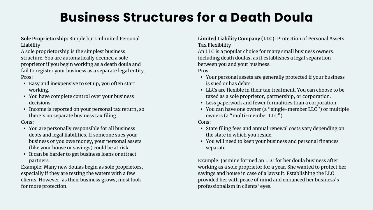 Business Structures for a Death Doula - Sole Proprietorship vs Limited Liability Company (LLC).