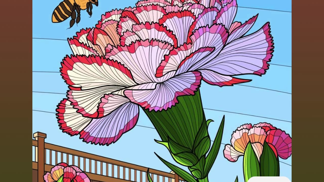 Illustrated Carnations with a Bee Pollinating in a Bright Outdoor Setting