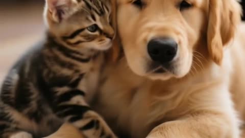 Cute kitten and puppy