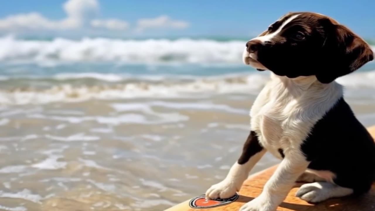 PUPPY ON A SURF BOARD