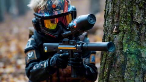 #The child is enthusiastically playing paintball.
