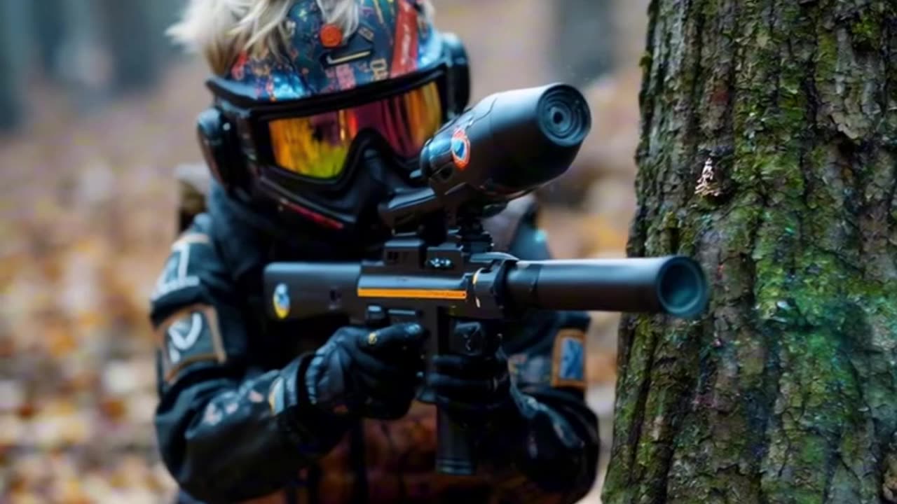 #The child is enthusiastically playing paintball.