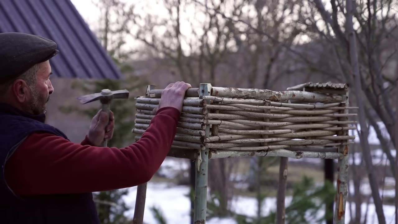 Making a Shelf for Flowers from Branches and Cooking Asp Fish on Stone Grill