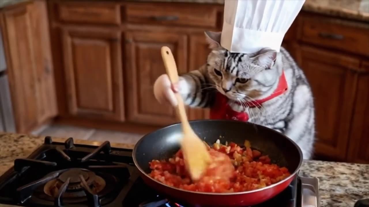 Funny Cat Chef Makes Spaghetti with Meat Sauce.