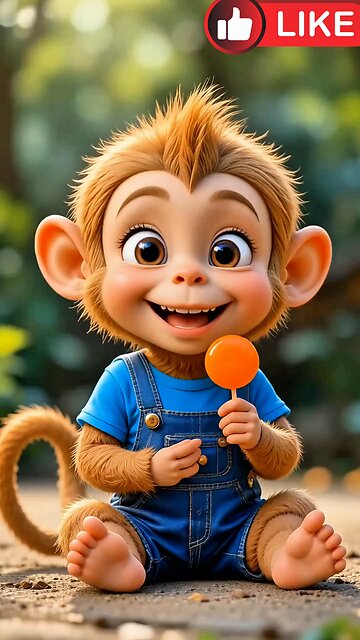 Monkey is playing happily while eating lollipop chocolate. AI generate funny cartoon video