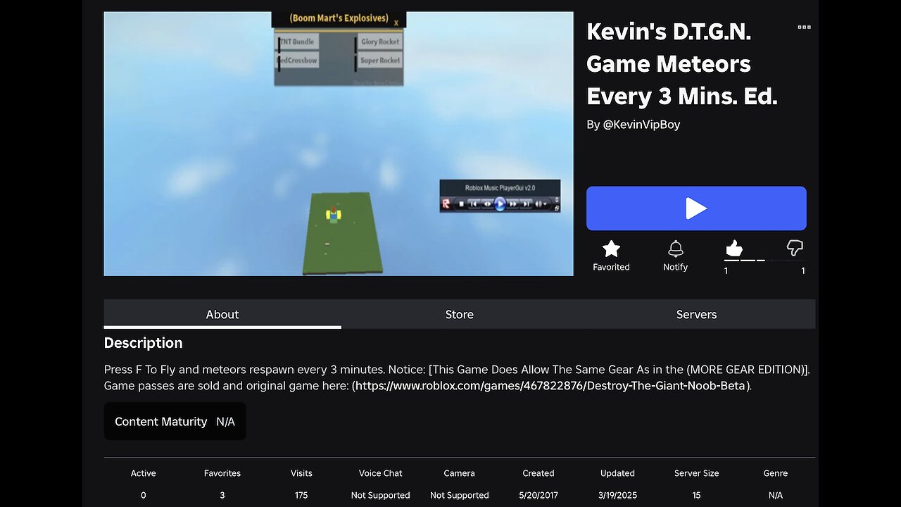 "Kevin's D.T.G.N. Game Meteors Every 3 Mins. Ed.", "ROBLOX" C. U. V. 0.00