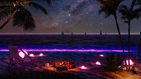 Purple Beach Night Ambience | Ocean Sound for Sleep | Campfire