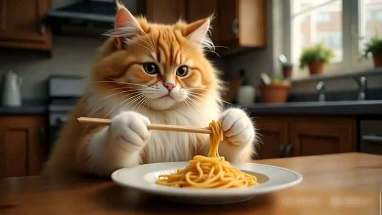 Cat eating sphagetti
