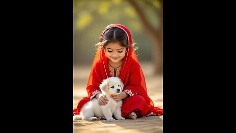 cute little girl playing with puppy