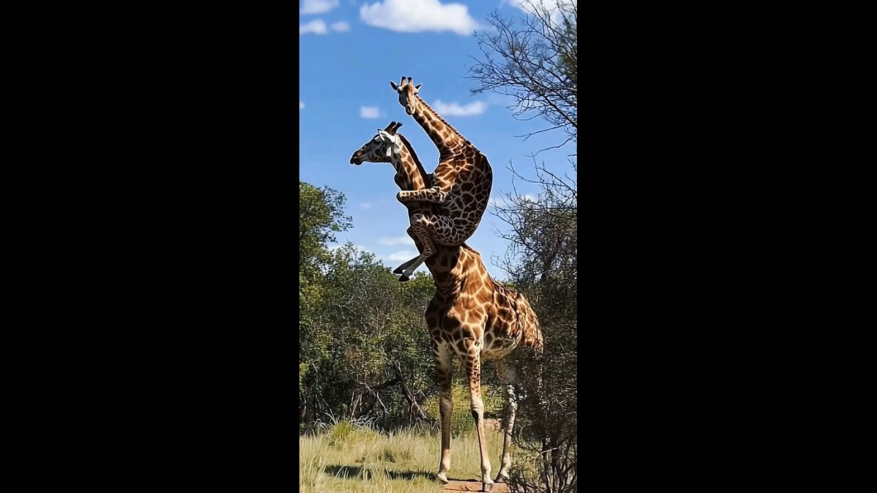 A giraffe riding another giraffe