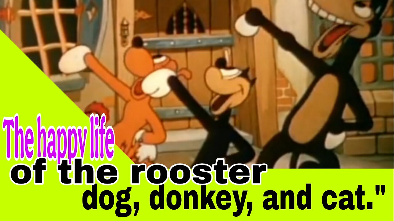 The happy life of the rooster, dog, donkey, and cat.