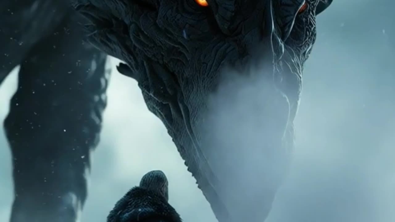 Warrior faces a massive dragon