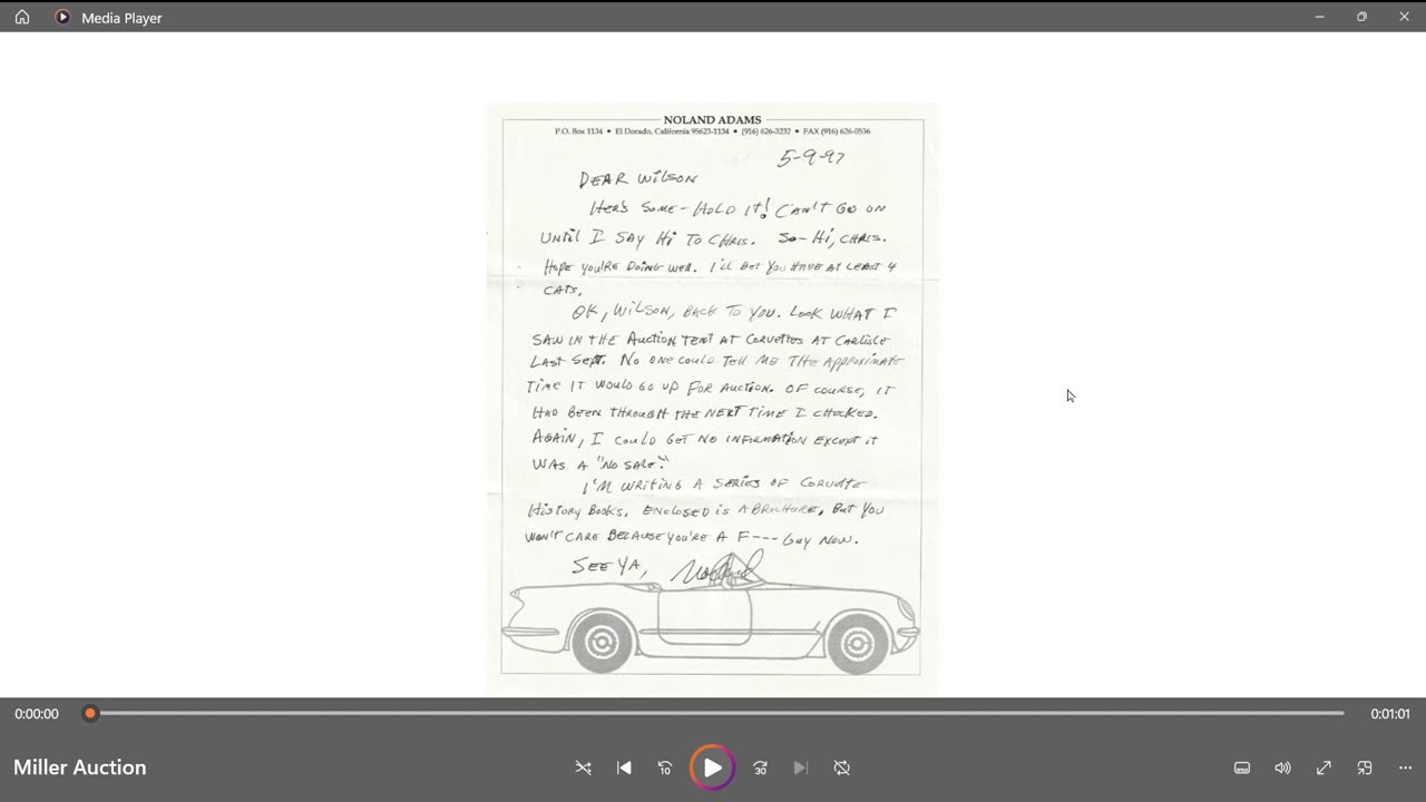 Corvette fame Noland Adams letter