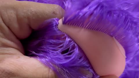 Sewing Curly Purple Hair On Toy Doll