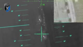 Ukrainian heavy drone drops shells on a crowd of Russian infantry that have just disembarked