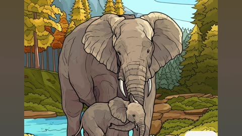 Mother Elephant and Calf in a Serene Forest Stream Scene