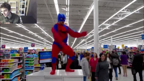 Man In A Fictitious Superhero-Inspired Costume Dancing At Walmart Fake Funny Parody Video