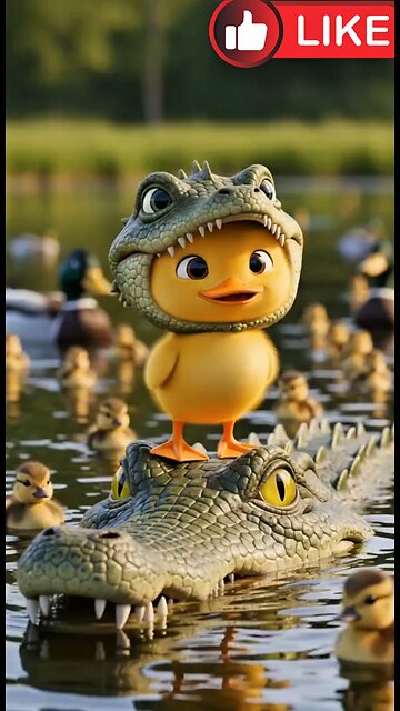 The ducklings are enjoying themselves, teasing and playing with the crocodile in the pond. AI
