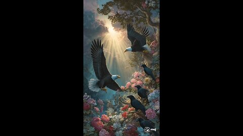 enjoy two eagles flying over with flowers blooming with sunshine and rain with parrots and crows.