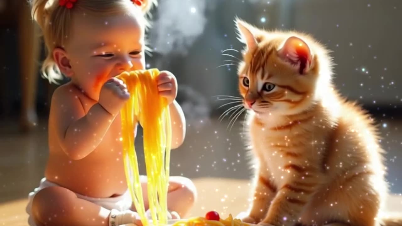 Adorable Baby and Kitten Share Spaghetti for the First Time 🍝❤️