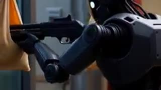 Ai robot with a shotgun shooting bags of cheese