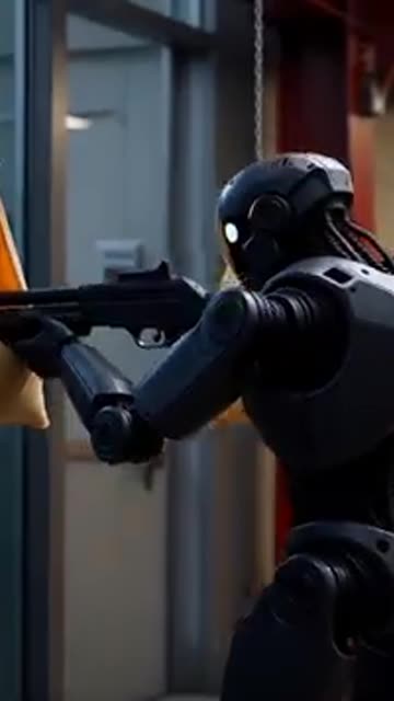 Ai robot with a shotgun shooting bags of cheese