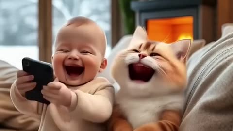 baby and cat are palying