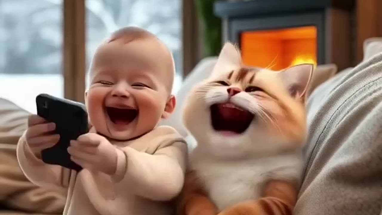 baby and cat are palying